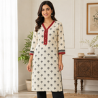 Anvita Ivory Cotton Printed Kurta with Red V-Neck & Contrast Sleeve Border