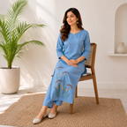 Women's A-Line Kurta Set with Inner Lining – Crushed Nylon Beadwork in Grape Purple & Light Blue