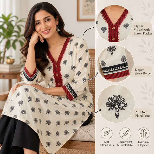 Anvita Ivory Cotton Printed Kurta with Red V-Neck & Contrast Sleeve Border