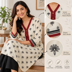 Anvita Ivory Cotton Printed Kurta with Red V-Neck & Contrast Sleeve Border