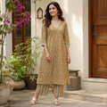 Anvita Mustard Yellow Cotton Printed Co-ord Set | V-Neck | Straight Fit