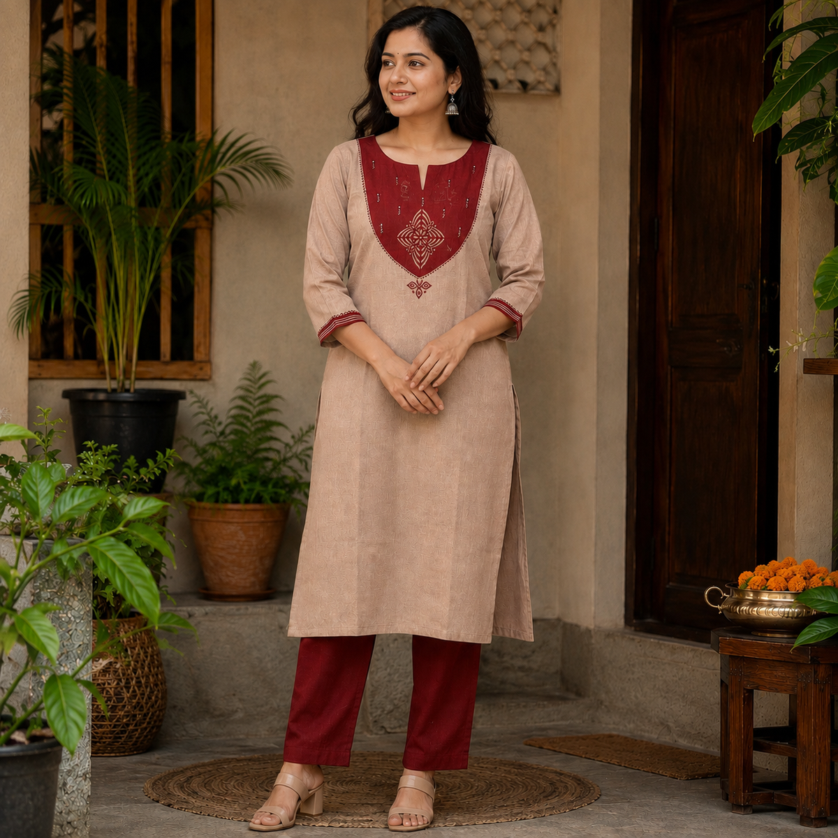 Anvita Beige Straight Cotton Kurta with Maroon Yoke Design & Glass Work