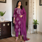 Revanta Wine Red Rayon Printed Kurta Pant Set with Embroidered Mirror Work Yoke & Chiffon Dupatta