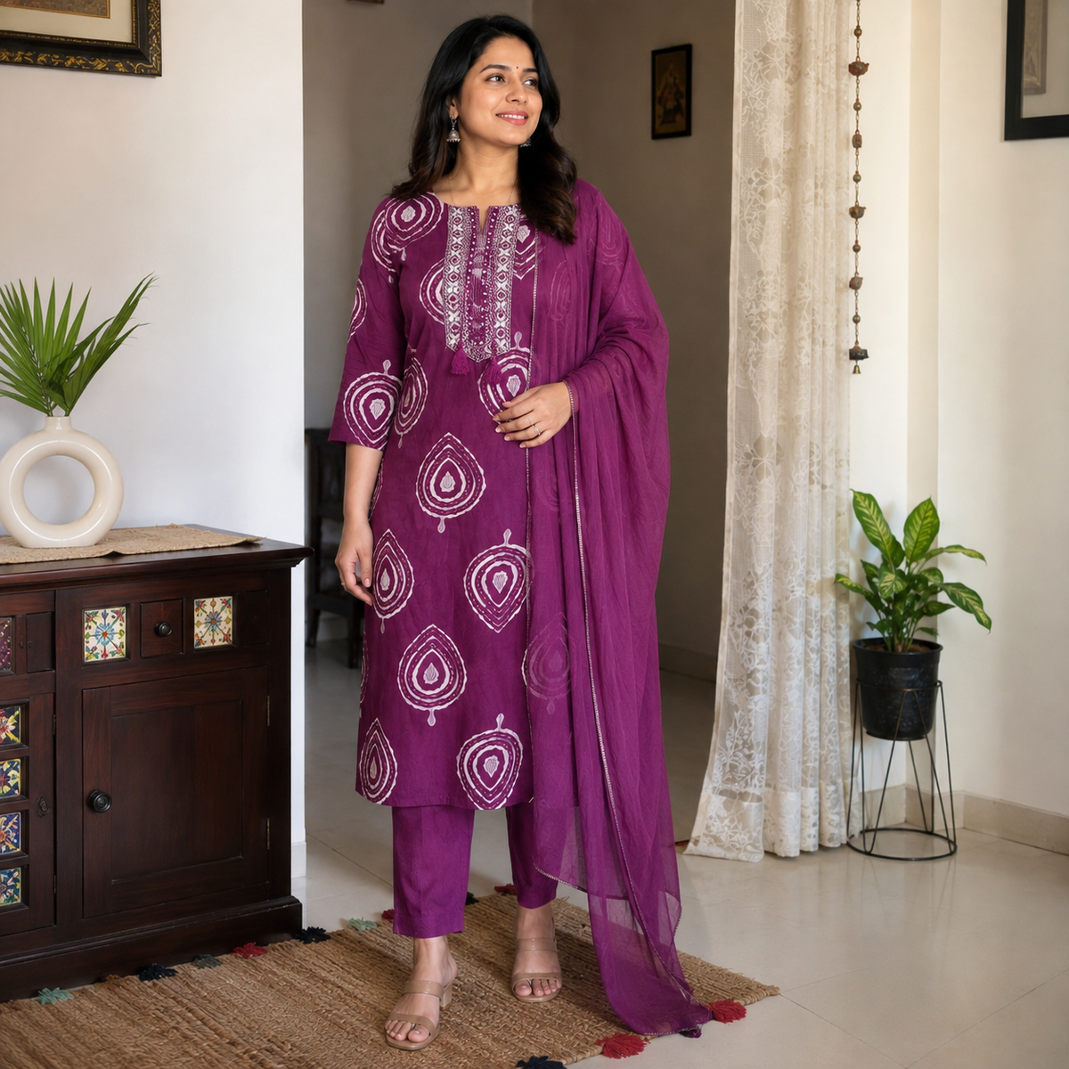 Revanta Wine Red Rayon Printed Kurta Pant Set with Embroidered Mirror Work Yoke & Chiffon Dupatta