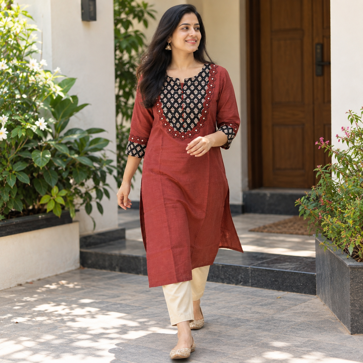 Anvita Maroon Cotton  Kurta with Embroidered Yoke, Floral & Glass Work