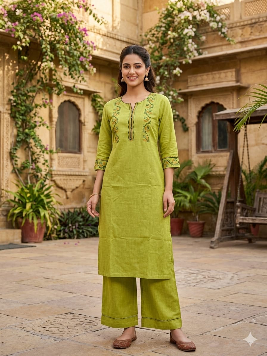 Anvita Lime Green Embroidered Kurta & Palazzo Pant Set