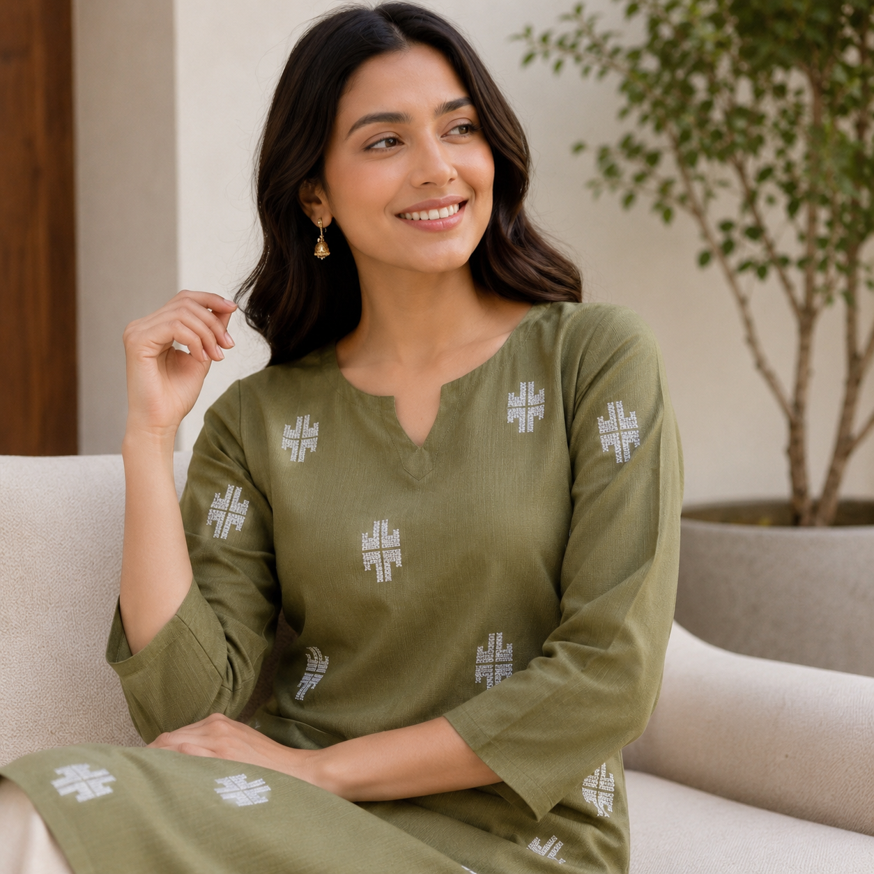 Revanta Green Handloom Cotton Kurta – Intricate Butta Design & Inner Lining – Elegant Everyday Ethnic Wear