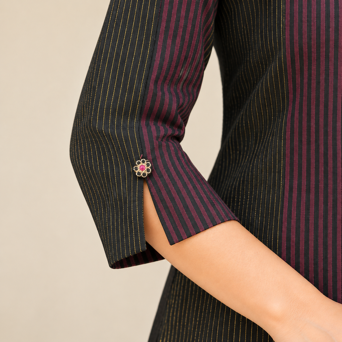 Anvita Black & Maroon Striped Embroidered Cotton Kurta | Floral Embroidery Kurti