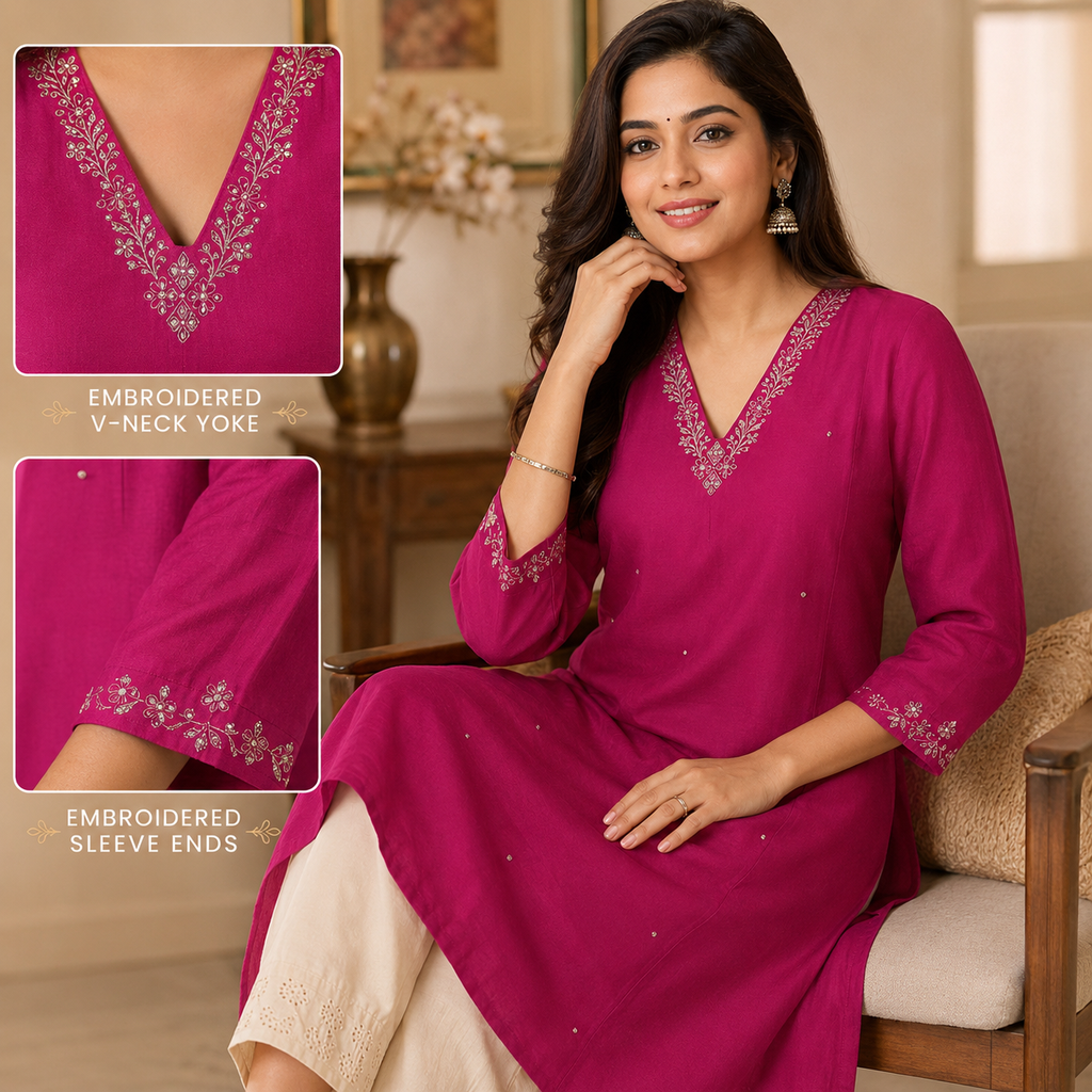 Anvita  ( Celebrations) Magenta Cotton Silk Kurti with Embroidery & Sequin Detailing