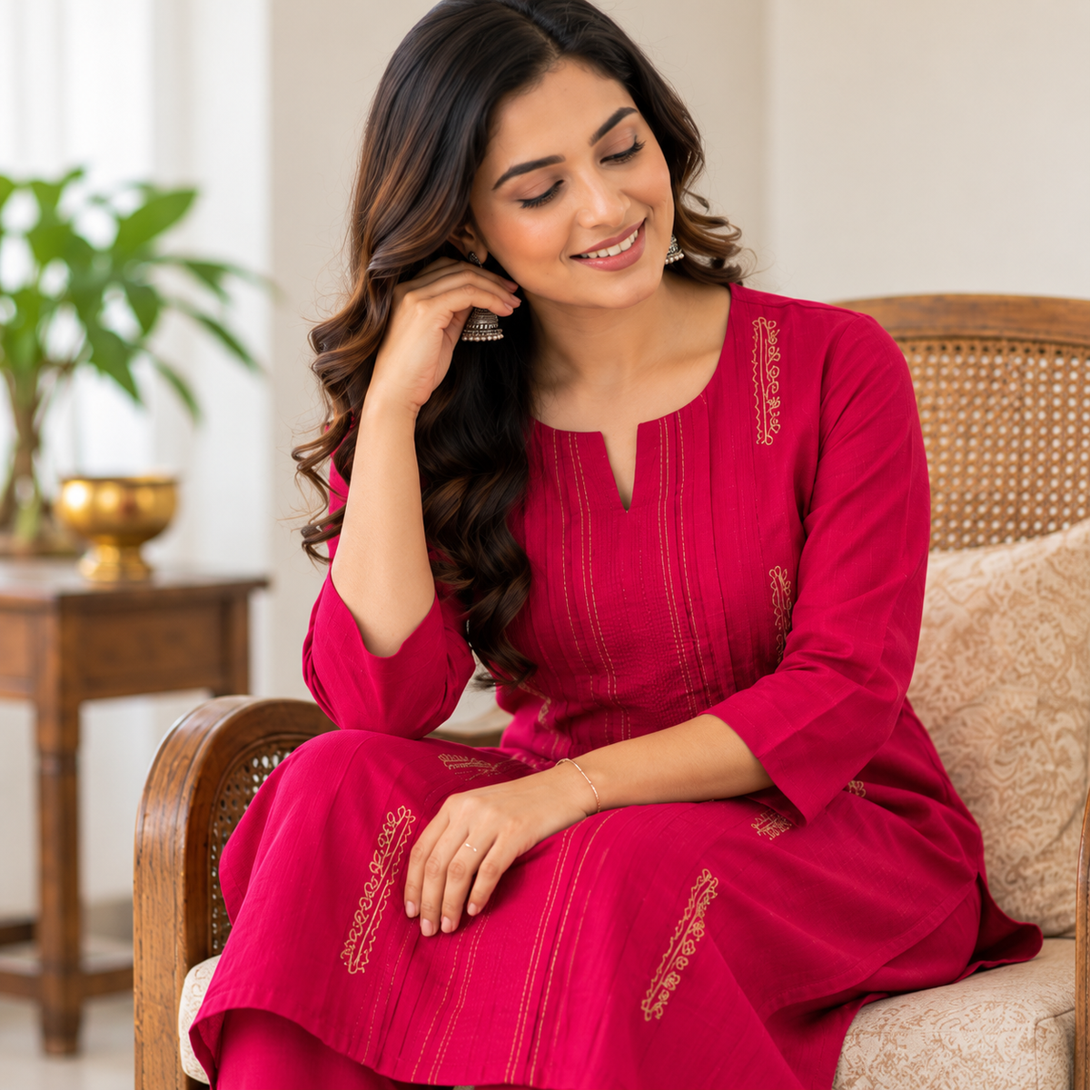 Anvita ( Celebrations) Magenta Cotton Silk Coord Set with Golden Thread Embroidery