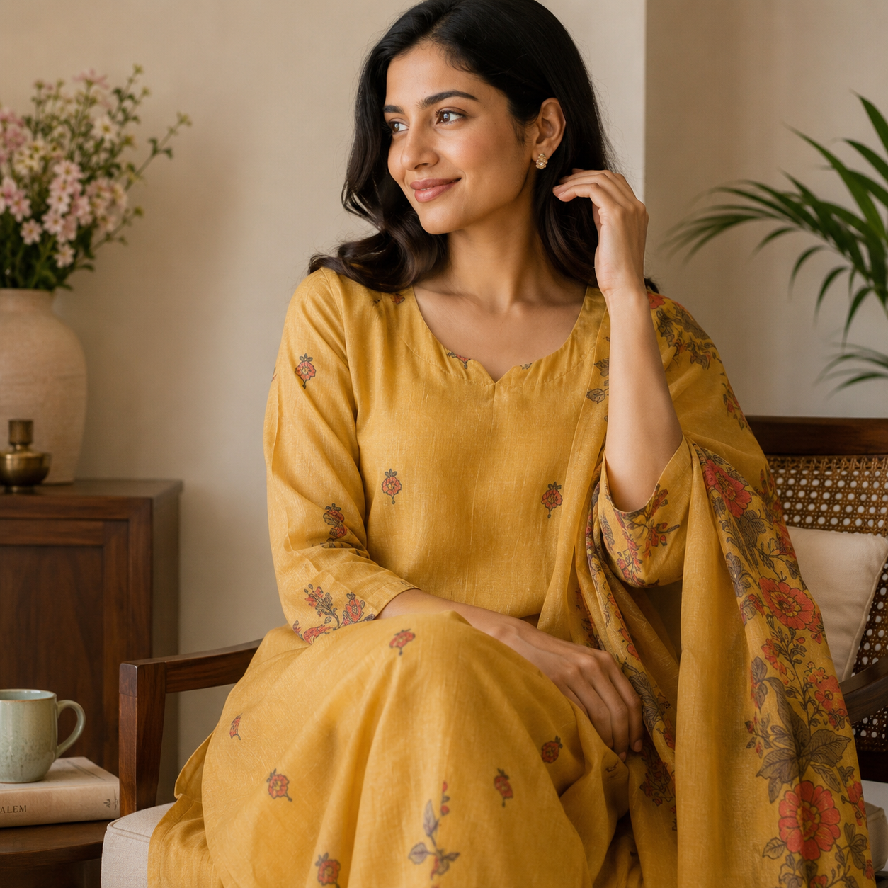 Revanta Golden Mustard Yellow Jamdani 3-Piece Suit – Floral Buti Motifs on Kurta & Dupatta – Elegant Festive Wear