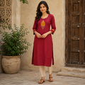 Revanta Maroon Cotton Printed Straight Kurta round neck