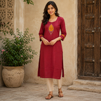 Revanta Maroon Cotton Printed Straight Kurta round neck