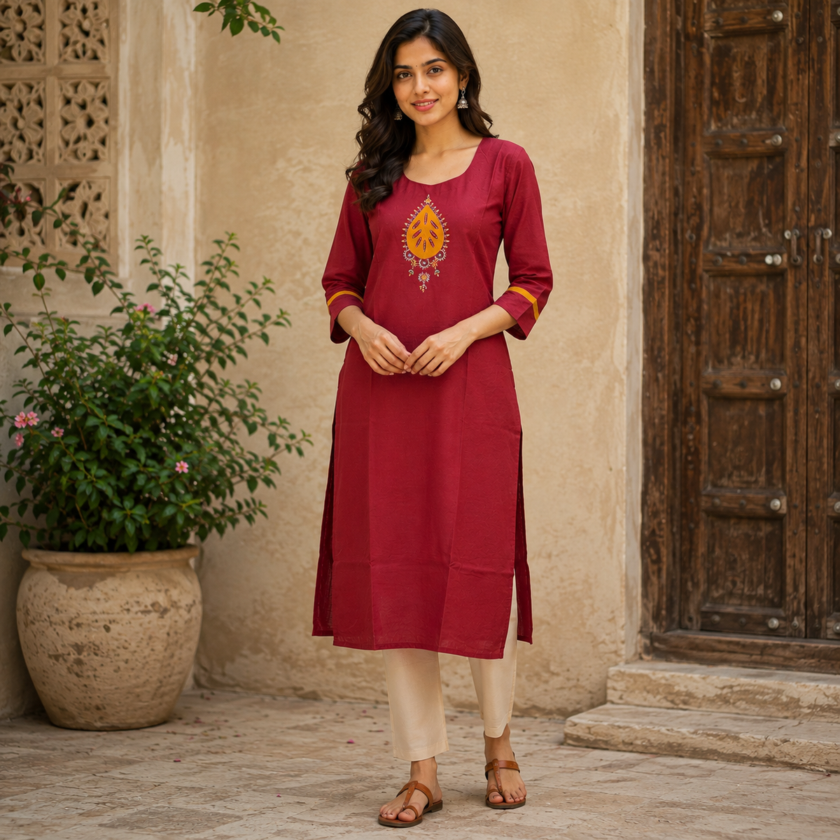 Revanta Maroon Cotton Printed Straight Kurta round neck