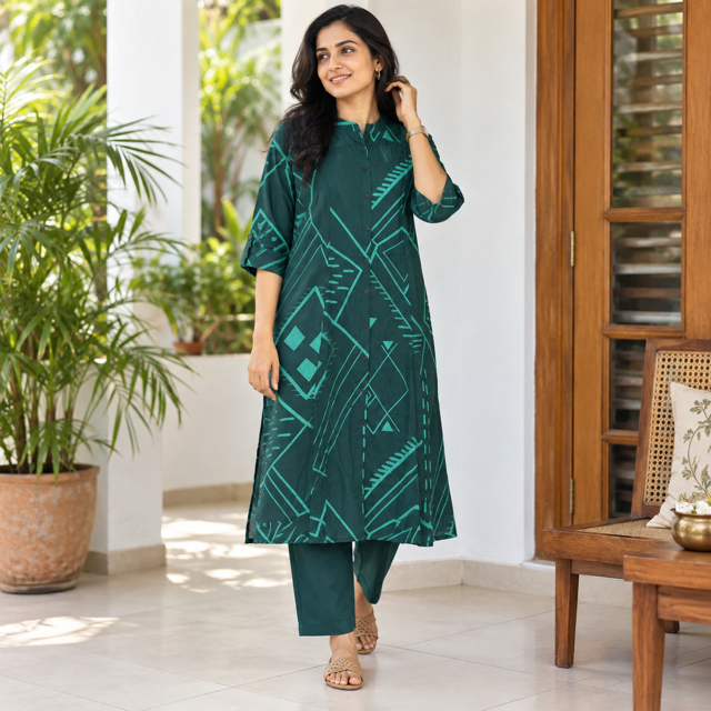 Revanta Teal Green Printed Kurta Pant Set | Kurta with 3/4 Sleeves