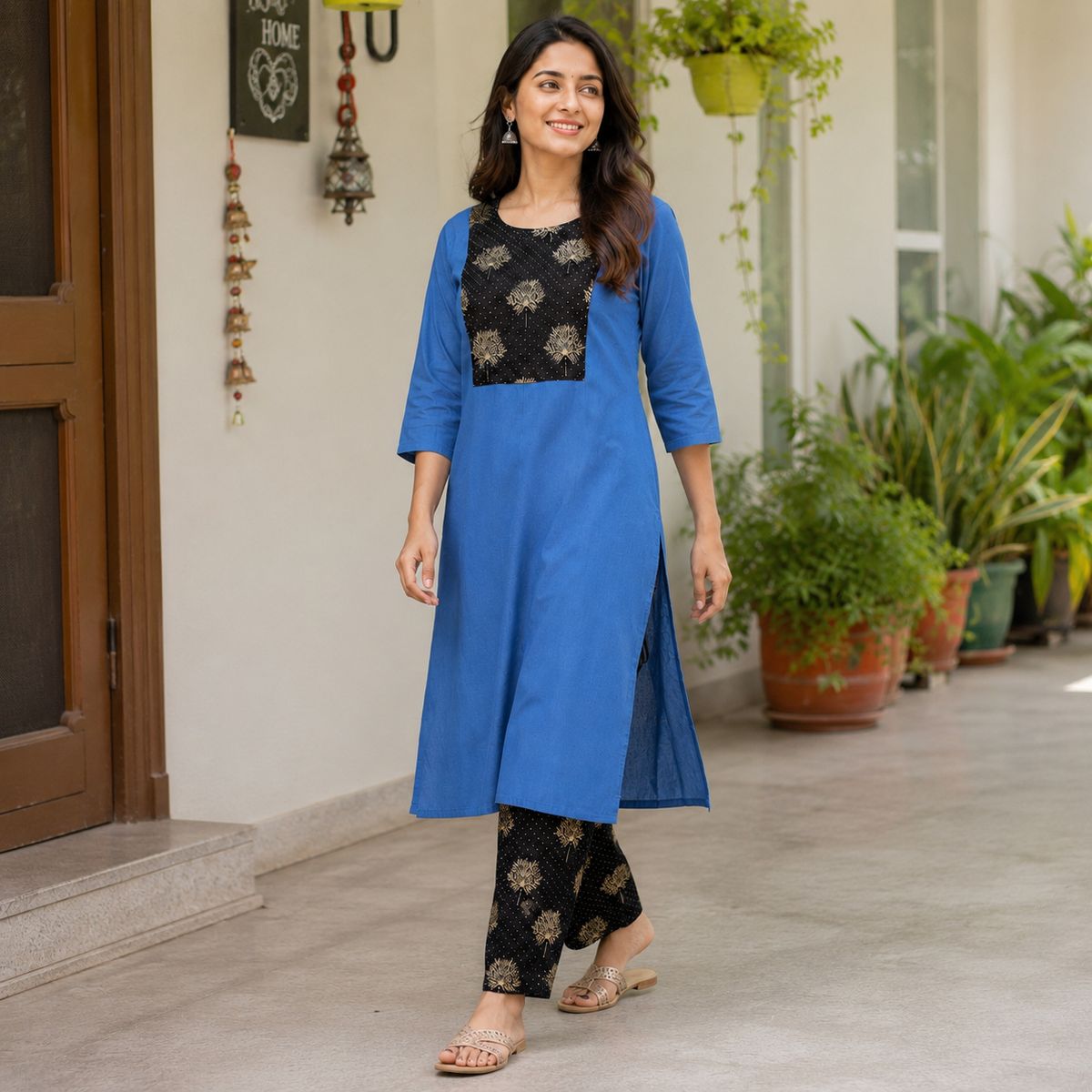 Revanta Blue Kurta Set with Embellished Floral Yoke & Printed Pants