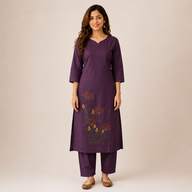 Women's A-Line Kurta Set with Inner Lining – Crushed Nylon Beadwork in Grape Purple & Light Blue