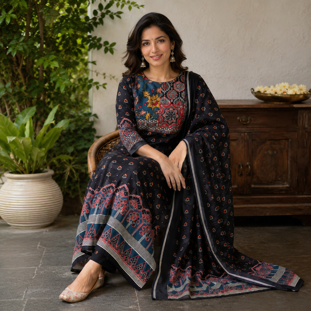 Revanta Women's Navy Blue Pakistani Style 3-Piece Cotton Suit Set with Printed Dupatta