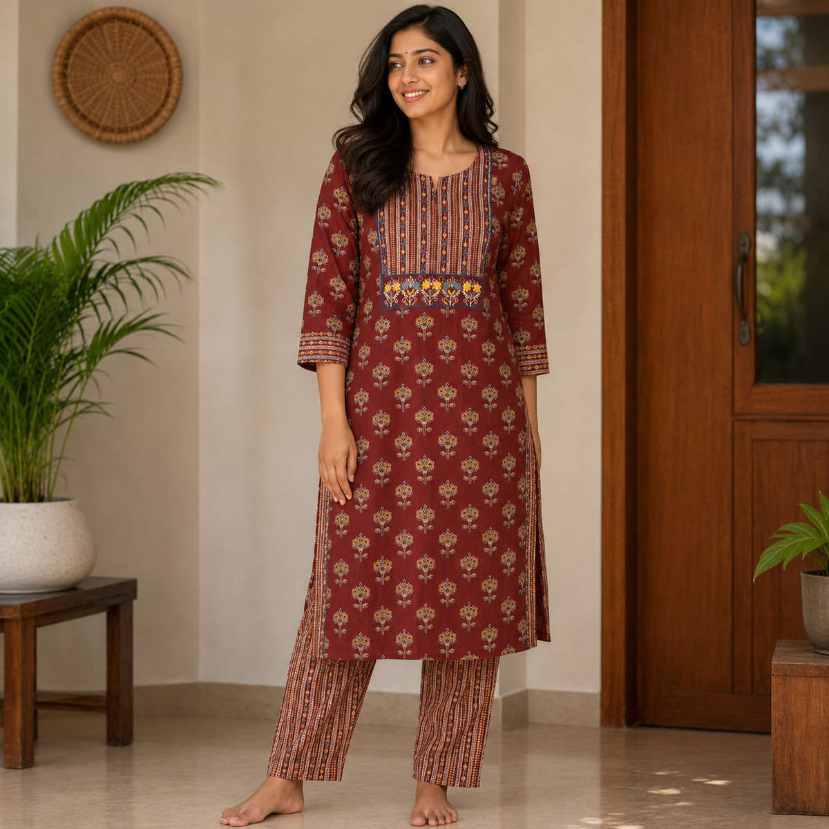Revanta Maroon Printed Cotton Kurta & Pant Set with Embroidery and Glasswork on Yoke