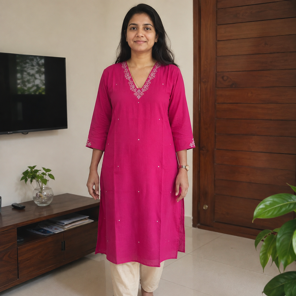 Anvita  ( Celebrations) Magenta Cotton Silk Kurti with Embroidery & Sequin Detailing