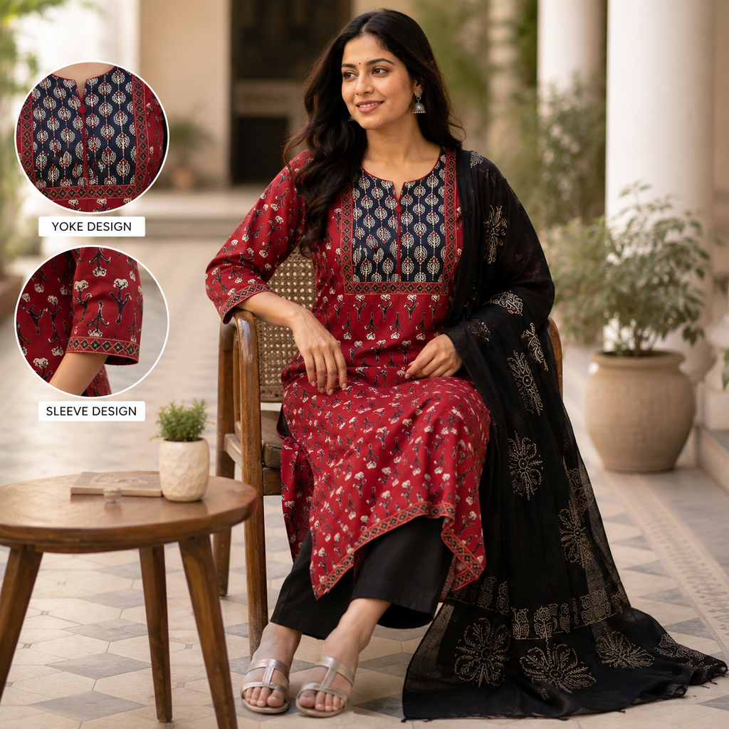 Revanta Red & Navy Printed Cotton Kurta Set with Black Dupatta