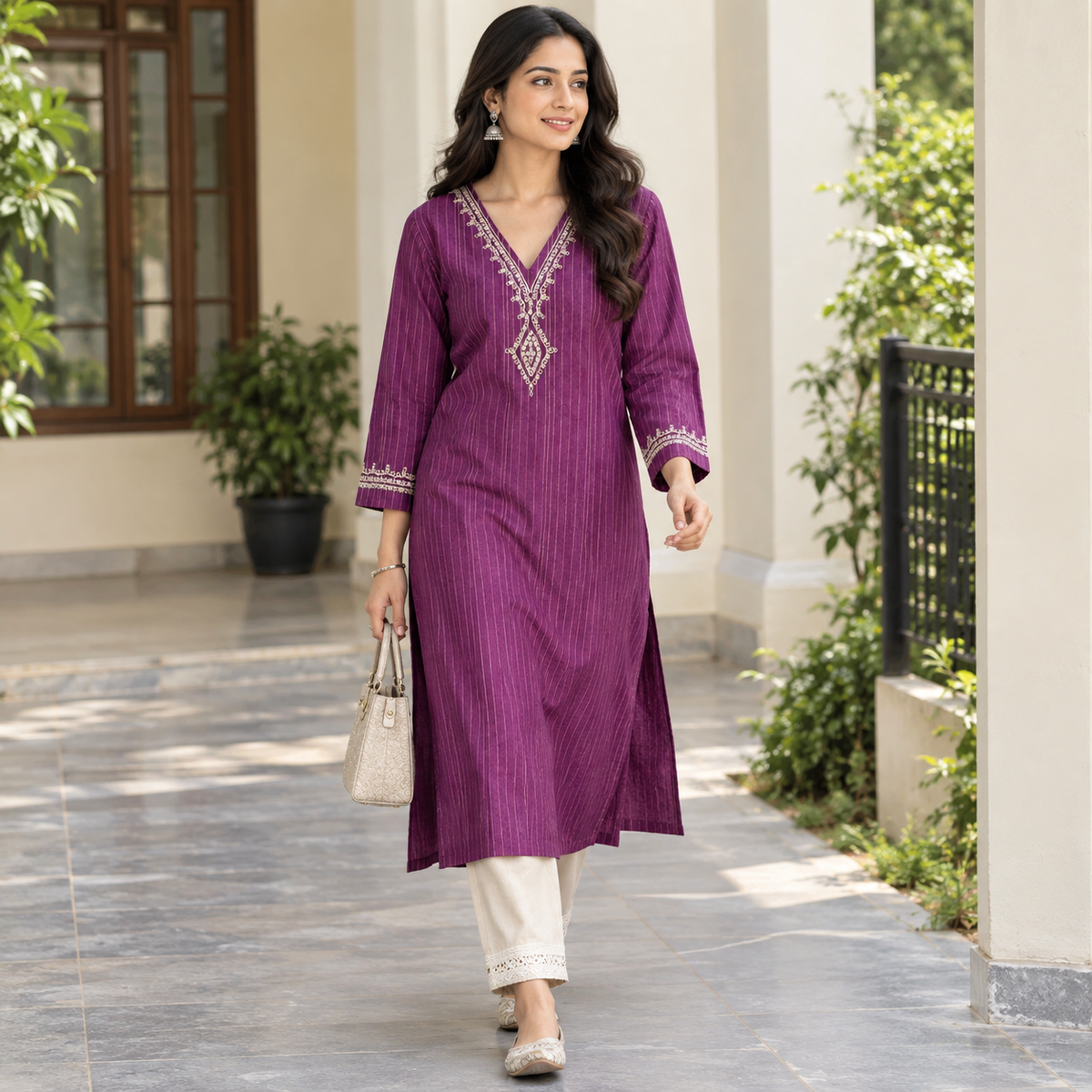 Anvita Purple Cotton Kurti with Golden Vertical Stripes & Embroidery