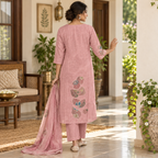Revanta Dusty Pink Printed 3-Piece Suit with Floral Applique Hem and Matching Dupatta