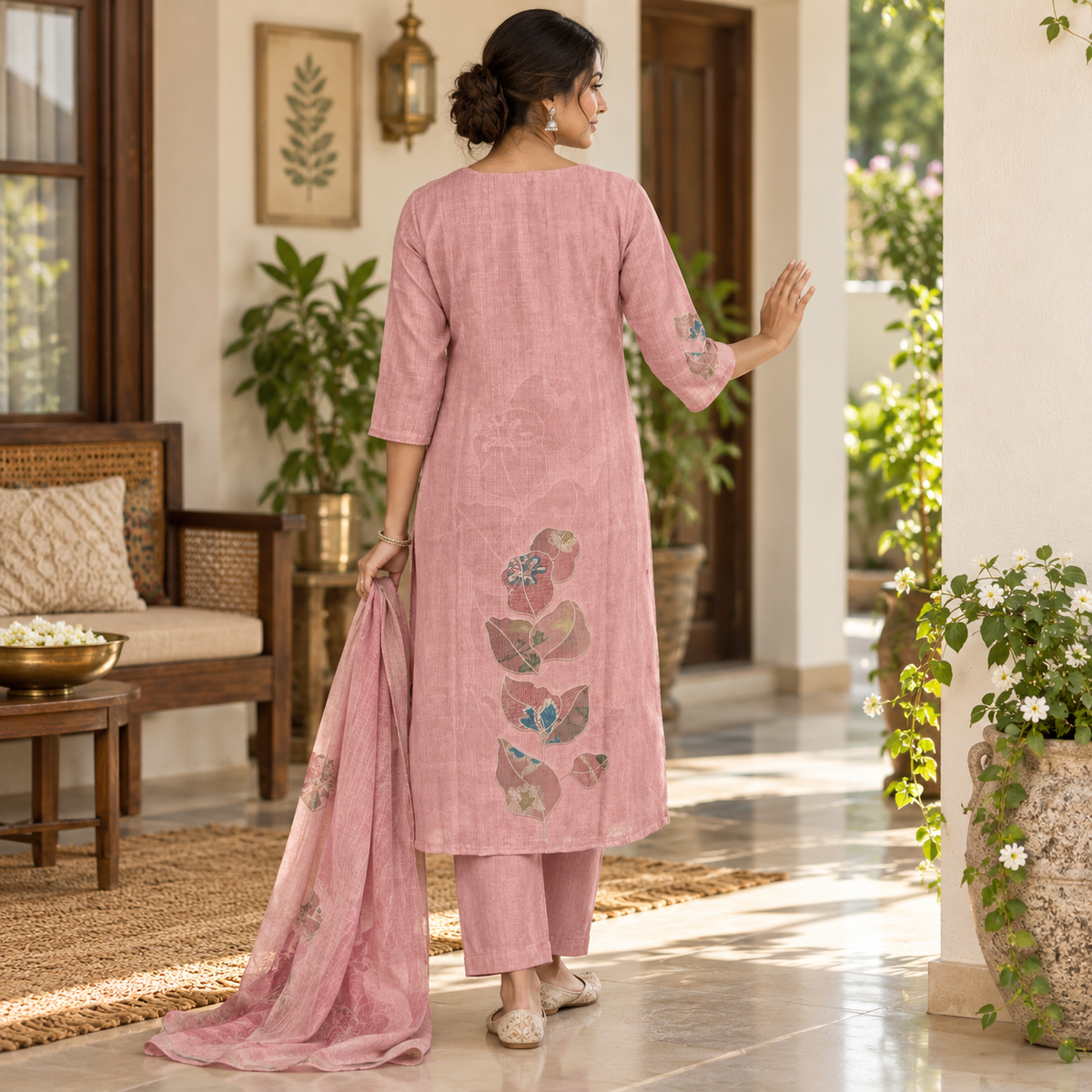 Revanta Dusty Pink Printed 3-Piece Suit with Floral Applique Hem and Matching Dupatta