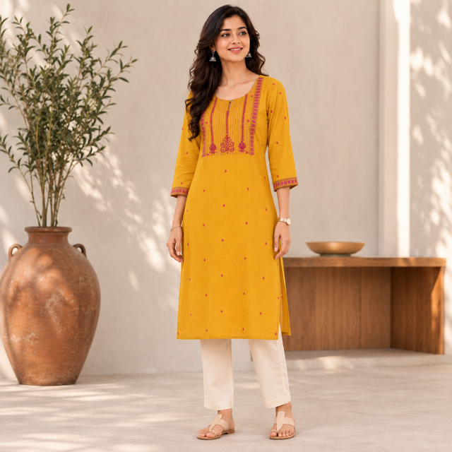 Anvita Yellow Cotton Kurta – Vibrant Pink Embroidered Yoke & Keyhole Detail – Elegant Ethnic Wear