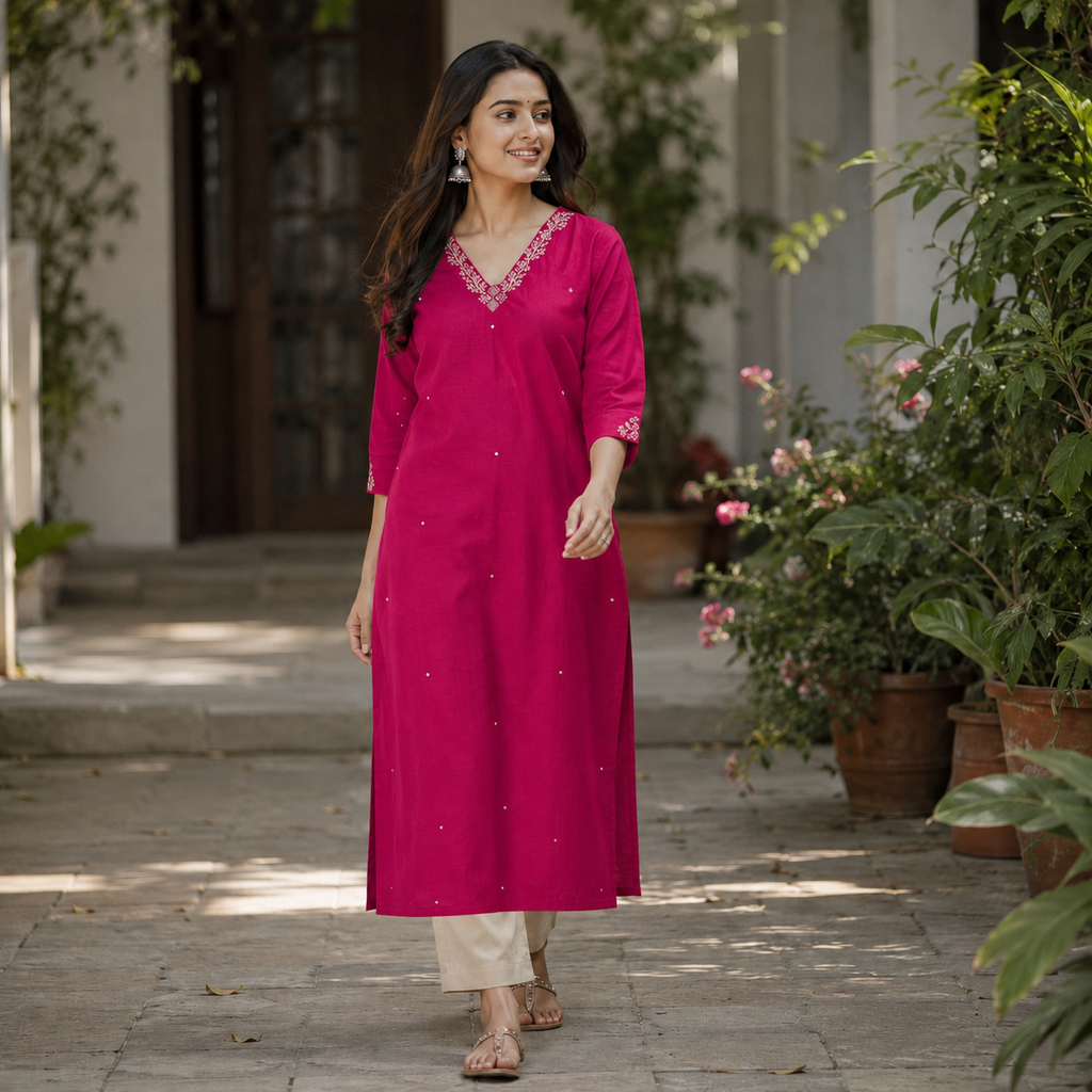 Anvita  ( Celebrations) Magenta Cotton Silk Kurti with Embroidery & Sequin Detailing