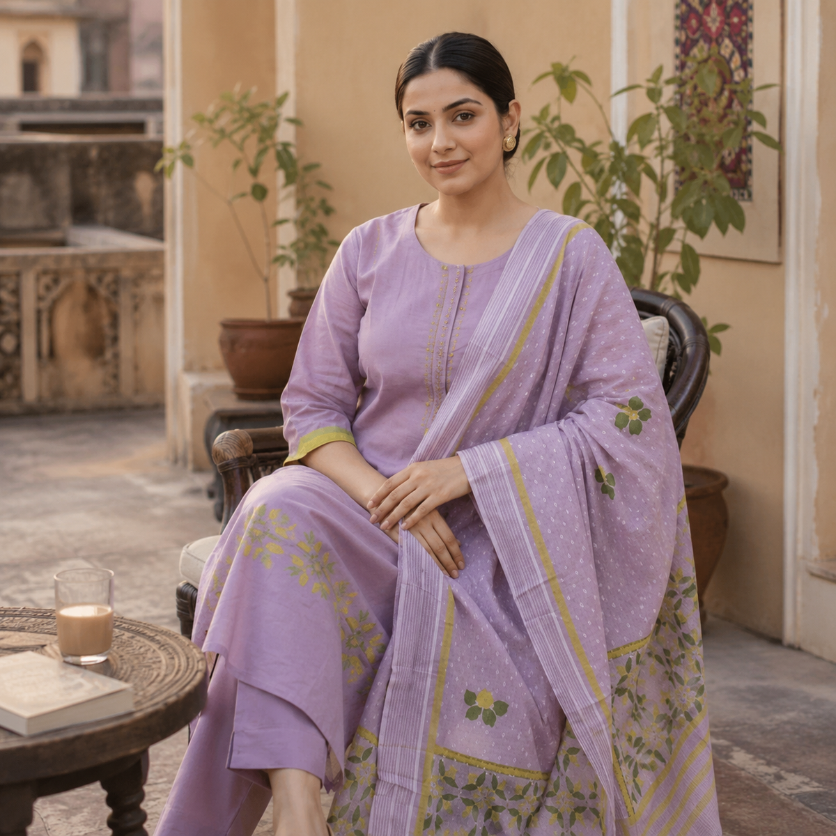 Anaya by Anvita Lavender Cotton  Embroidered  Kurta Set with Dupata