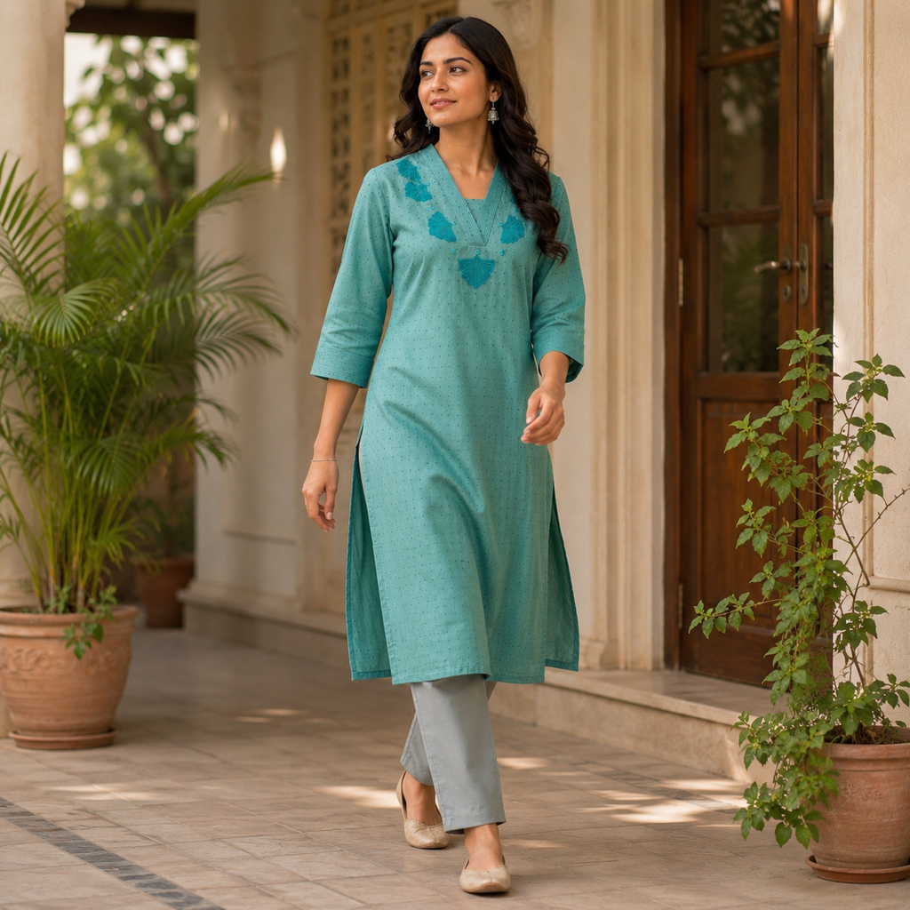 Anvita Teal Green Cotton Kurta with V-Neck, Embroidery & Bead Work