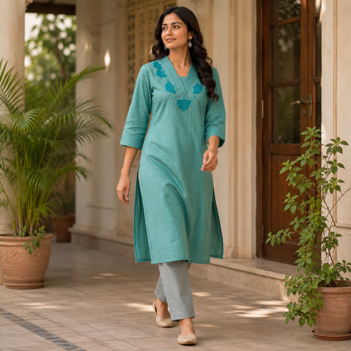 Anvita Teal Green Cotton Kurta with V-Neck, Embroidery & Bead Work