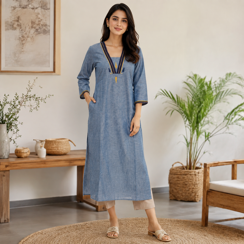 Anvita Blue Cotton V-Neck Straight Kurti