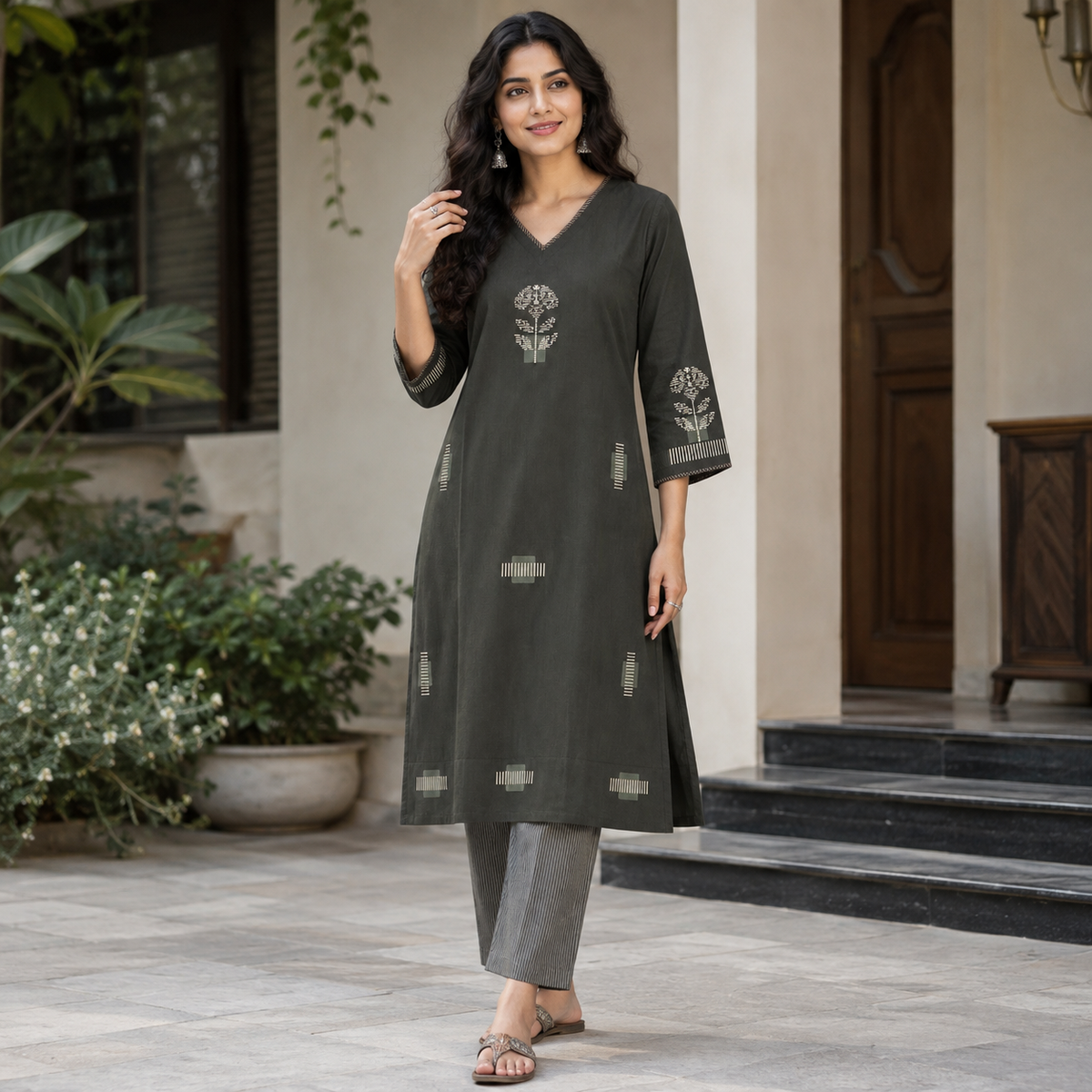 Anvita Charcoal Olive Motif Kurta with Striped Pant Set