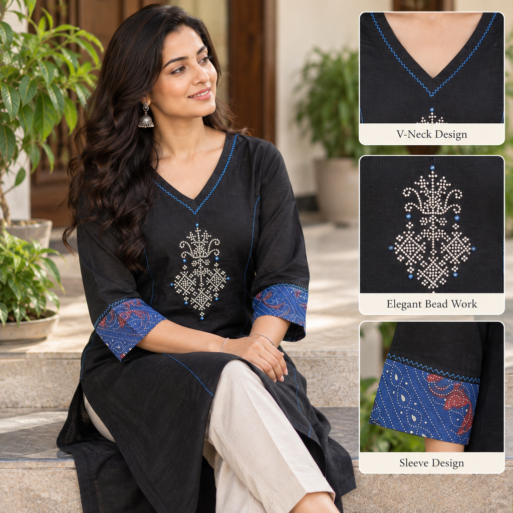 Anvita Black Cotton Kurta with Blue Printed Sleeves & Embroidered Yoke