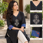 Anvita Black Cotton Kurta with Blue Printed Sleeves & Embroidered Yoke
