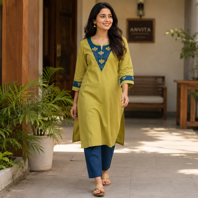 Anvita Olive Green Aline Cotton Kurta with Applique Embroidery