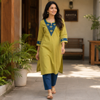 Anvita Olive Green Aline Cotton Kurta with Applique Embroidery