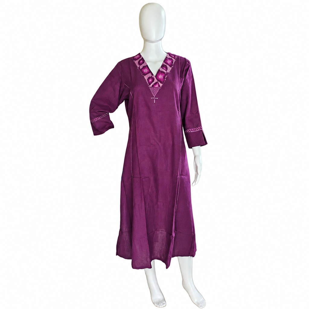 Anvita Plum Embroidered Straight Cotton V Neck Kurta