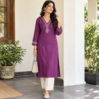 Anvita Purple Cotton Kurti with Golden Vertical Stripes & Embroidery