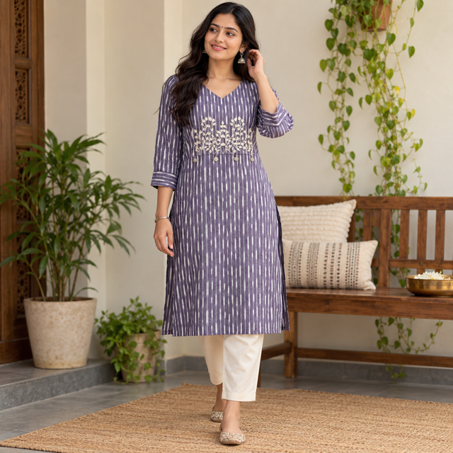 Anvita Purple Striped Cotton Kurta with Floral Yoke Embroidery & 3/4 Sleeves