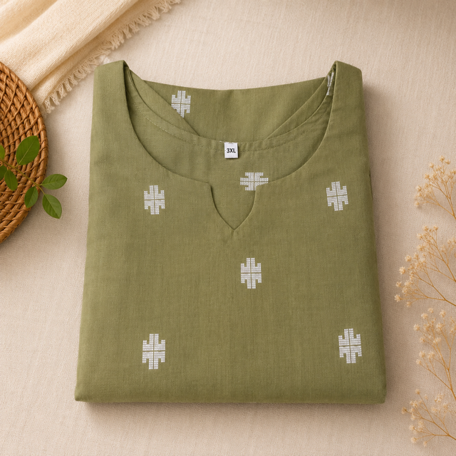 Revanta Green Handloom Cotton Kurta – Intricate Butta Design & Inner Lining – Elegant Everyday Ethnic Wear