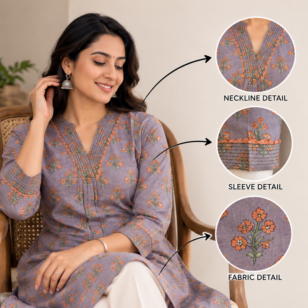Anvita Lavender Grey Floral Cotton Printed Kurta with Pintuck V-Neck Detail