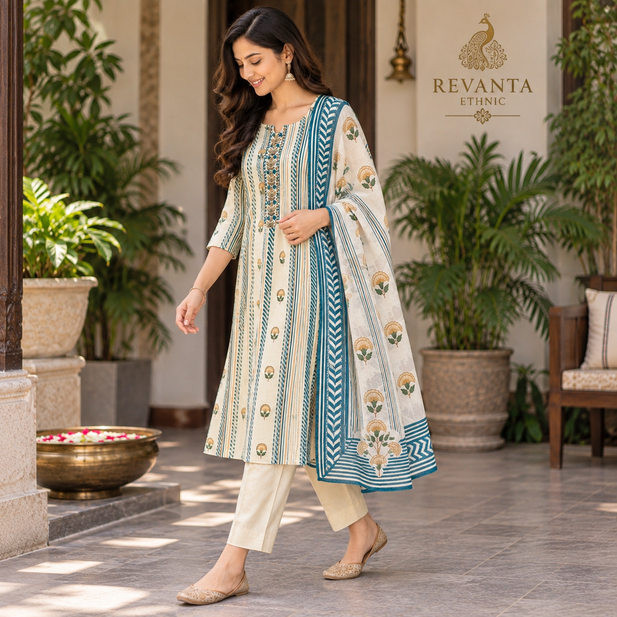 Revanta Cream & Teal Blue Cotton Kurta Set  | Floral Print & Embroidered Yoke