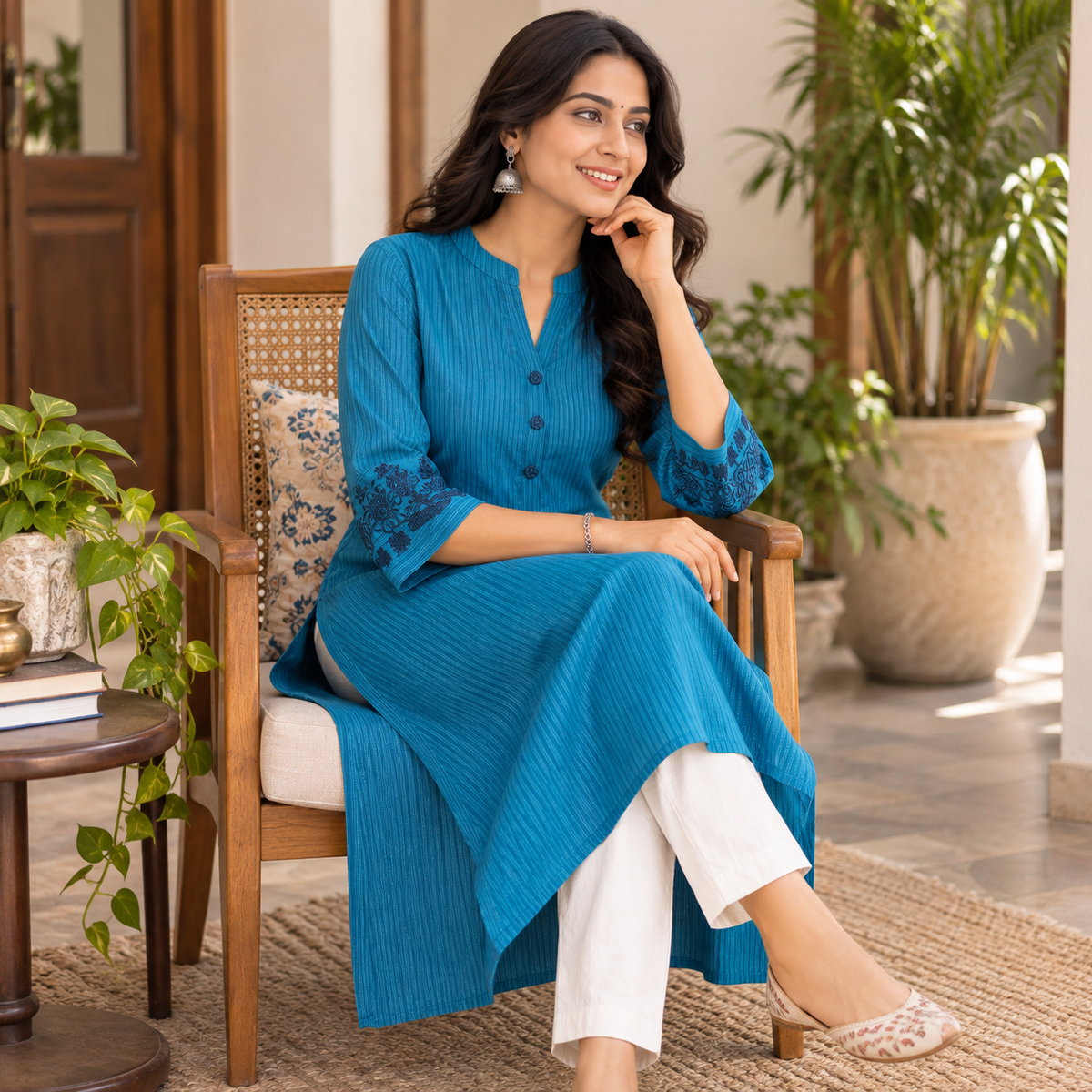 Anvita Teal Blue Striped Kurta with Embroidered Sleeves & Back Design