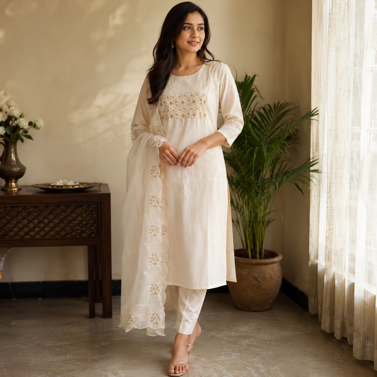 Revanta Cream Muslin Silk 3-Piece Suit – Embroidered & Sequined Yoke with Scallop Cutwork Dupatta – Elegant Festive Wear