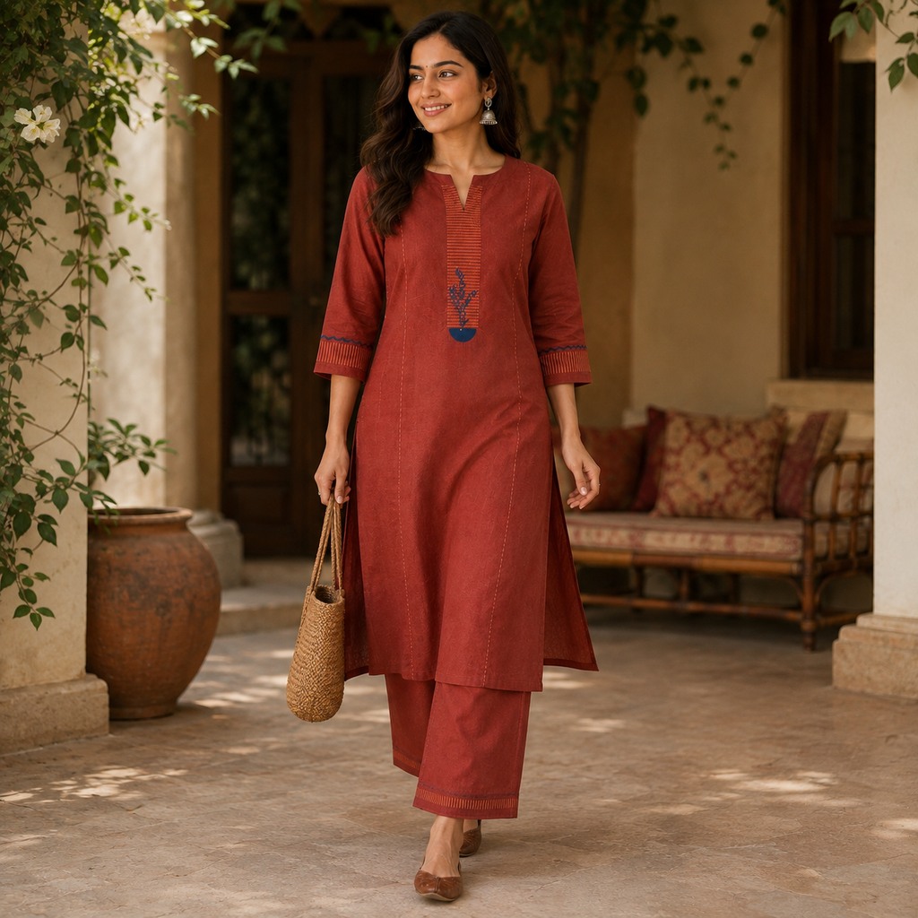 Anvita – Rust Red Cotton Kurta & Palazzo Set
