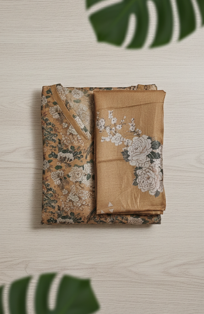 Women’s Premium Imported Silk Straight 3-Piece Suit in Antique Gold & Crimson Red – Floral Digital Print