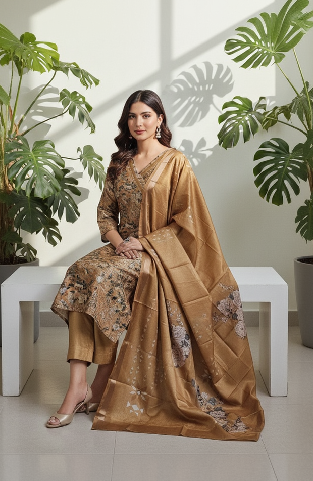 Women’s Premium Imported Silk Straight 3-Piece Suit in Antique Gold & Crimson Red – Floral Digital Print